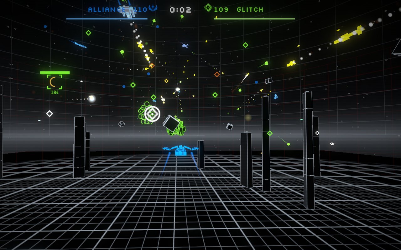 Gridfront: a blue Alliance fighter locks onto a green Glitch ship over a glowing white grid