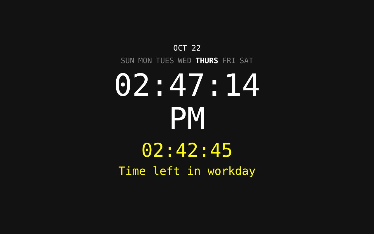 Clockthing showing the time, the day of the week and a countdown to the end of the workday